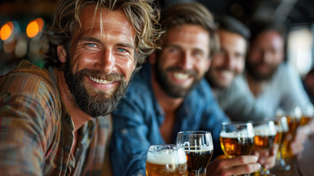 Men sitting together, holding glasses of beer.の素材