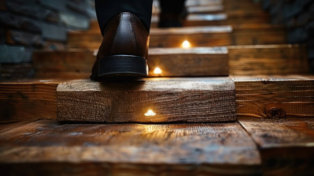 A person climbs a set of wooden stairs.の素材