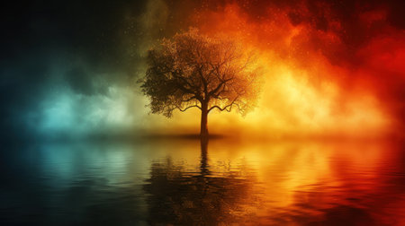 A tree grows in the center of a body of water, creating a striking visual contrast.の素材