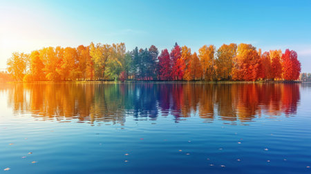 A lake filled with water and surrounded by trees.の素材