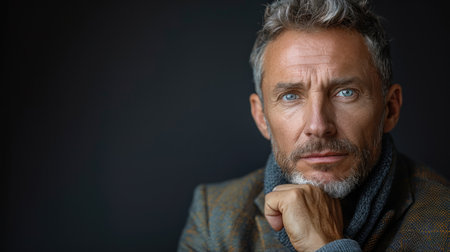 A man with gray hair and blue eyes stares into the distance.の素材