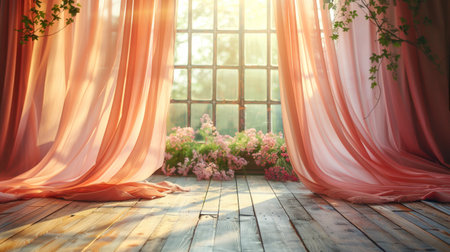 A room featuring a large window adorned with pink curtains.の素材