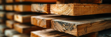 A pile of wooden planks stacked on top of each other.の素材