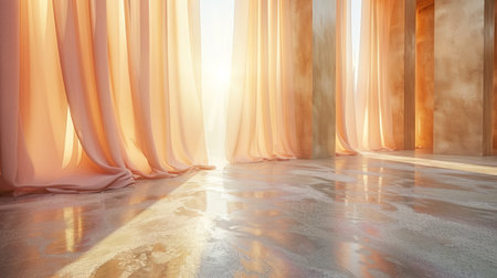 A room featuring a sizable window covered with elegant curtains.の素材
