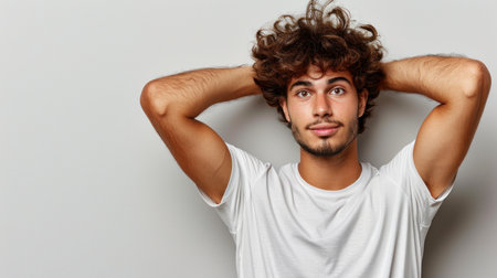 A man with curly hair wearing a white shirt.の素材