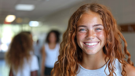 A woman with vibrant red hair smiles directly at the camera.の素材