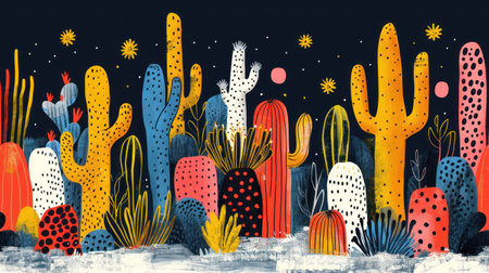Group of cacti standing in snow-covered landscape.の素材
