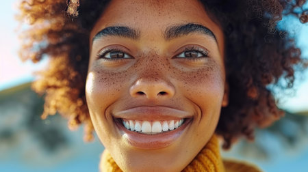 A woman with freckled hair smiling at the camera.の素材