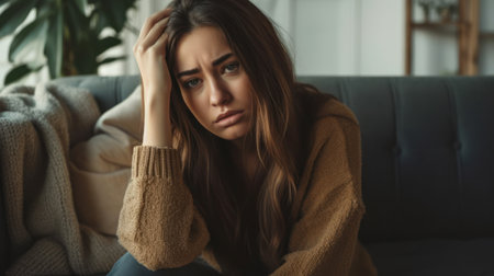 A woman sitting on a couch with her hand on her head.の素材
