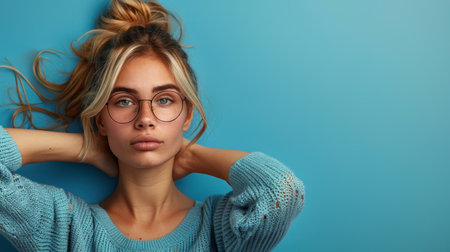 A woman with glasses wearing a blue sweater.の素材