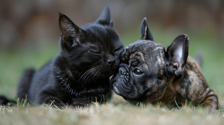 A dog and a cat are relaxed as they lay side by side in the green grass.の素材