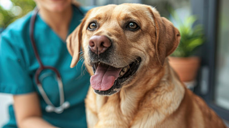 A dog sits calmly next to a woman wearing a stethoscope.の素材