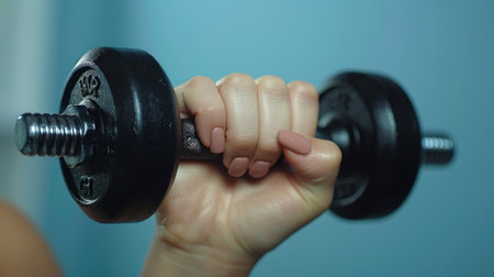 Hand gripping dumbbell in front of reflective mirror.の素材