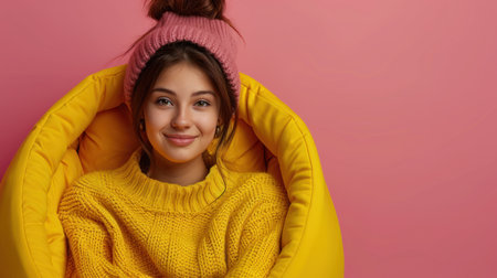 A girl wearing a yellow sweater calmly sitting on a large beanie.の素材
