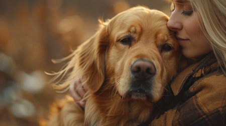 A woman tightly embraces a dog in a grassy field under the clear sky.の素材