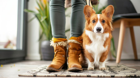 A brown and white dog sits on top of a rug.の素材