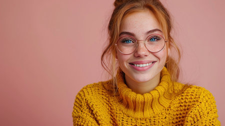 A woman wearing glasses and a yellow sweater.の素材