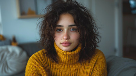 A woman wearing a yellow sweater is seated on a couch.の素材