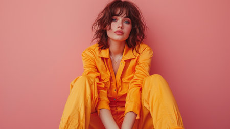 Woman in yellow outfit seated on the ground.の素材