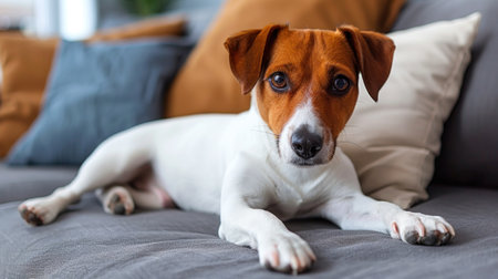 Brown and white dog comfortably resting on top of a bedの素材