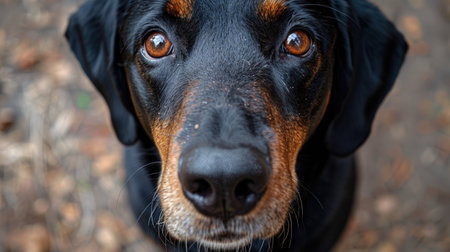 A detailed view of a black and brown dogs face.の素材