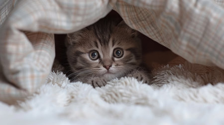 A small kitten poking its head out from under a cozy blanket.の素材