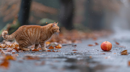 A cat casually strolling across a wet street beside an apple.の素材