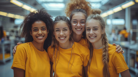 A group of young women standing next to each other in a row.の素材