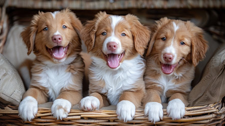 Three brown and white dogs are calmly sitting inside a small woven basket.の素材
