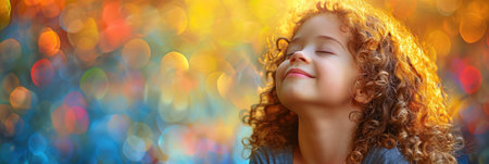 A girl with curly hair gazing at the sky above.の素材