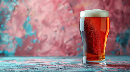 A glass filled with beer placed on top of a wooden table.の素材