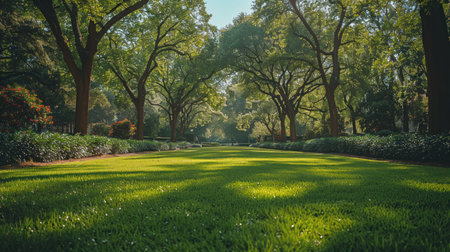 A green park with numerous lush trees creating a dense canopy.の素材