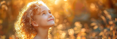 A young girl gazes upwards at the sky, with wonder and curiosity in her eyes.の素材