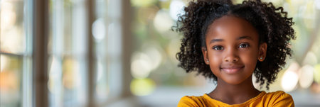 A young girl with curly hair smiling directly at the camera.の素材