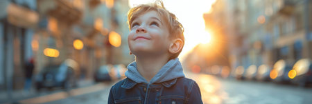 A young boy stands in the middle of a street.の素材