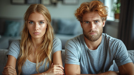 Couple sitting on a sofa in a living room.の素材