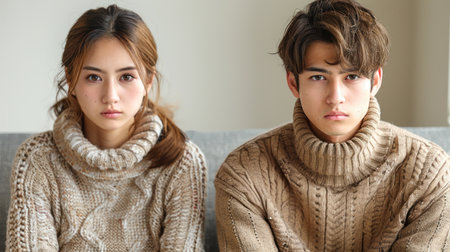 Two individuals seated on a sofa, both dressed in cozy sweaters.の素材