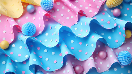 Vibrant cake topped with blue, pink, and yellow icing in a close-up shot.の素材