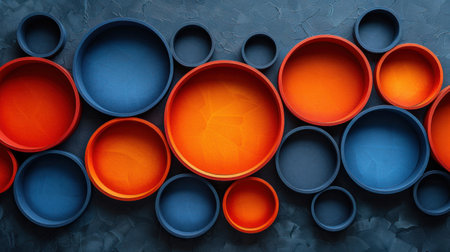 Collection of orange and blue bowls neatly arranged on a table.の素材