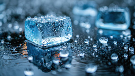 Clear ice cubes with droplets of water on them.の素材