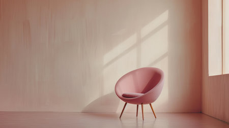 A pink chair placed in front of a window.の素材