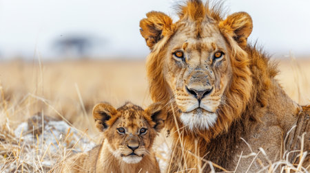 Lion and cub moving in tall grass field.の素材