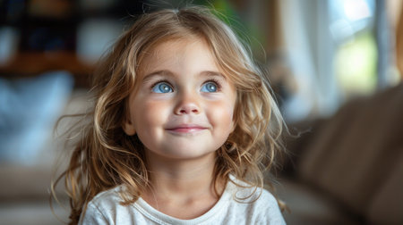 Close up of a childs face with striking blue eyes.の素材