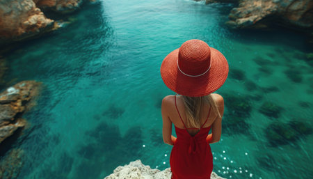 A woman wearing a red hat stands on a cliff overlooking the sea.の素材