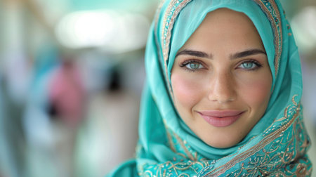 A woman wearing a headscarf smiles warmly.の素材