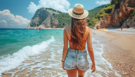 Woman strolling on beach next to ocean.の素材