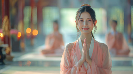 A woman in a pink dress stands in front of a group of people.の素材
