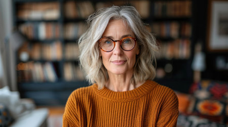 A woman wearing glasses stands in front of a full bookshelf.の素材