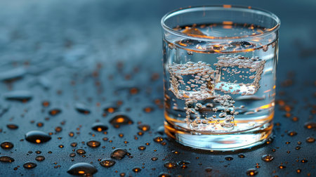 Glass filled with water resting on a wooden table.の素材