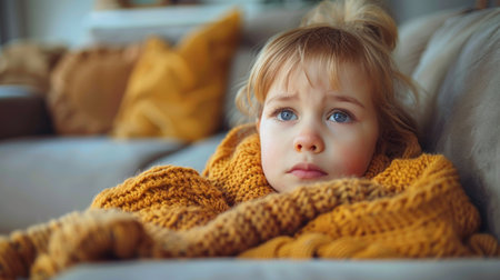Young girl resting on a sofa, wrapped in a cozy blanket.の素材